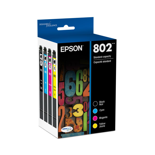 Epson 802 DuraBrite Black And Cyan, Magenta, Yellow Ink Cartridges, Pack Of 4, T802120-BCS