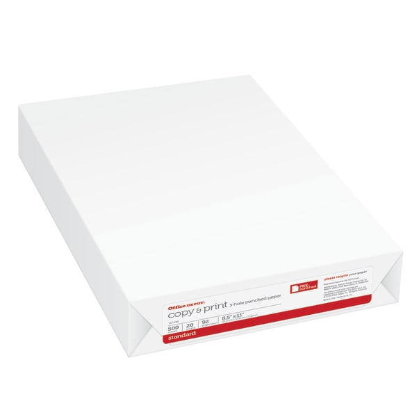 Office Depot 3-Hole Punched Multi-Use Printer & Copy Paper, 1 Ream, White, Letter (8.5in x 11in), 500 Sheets Per Ream, 20 Lb, 92 Brightness