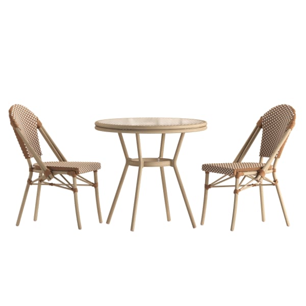 Flash Furniture Lourdes Indoor/Outdoor Commercial Bistro 31.5in Table, PE Rattan, Glass Top with 2 Stack Chairs, Natural & White Rattan/Light Natural Frame