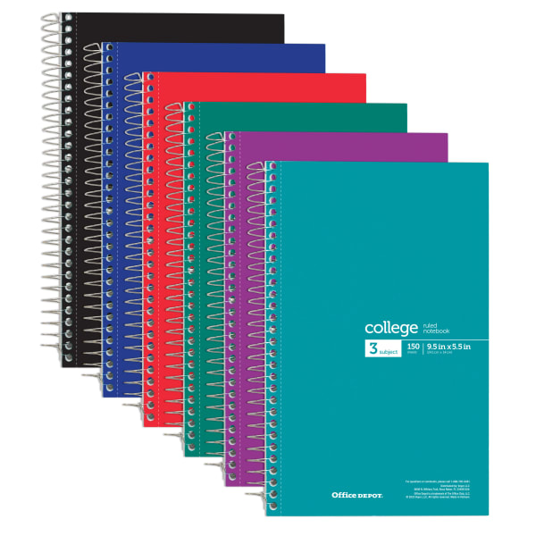 Office Depot Wirebound Notebooks, 6in x 9-1/2in, 3 Subjects, College Ruled, 150 Sheets, Assorted Colors, Pack Of 6 Notebooks