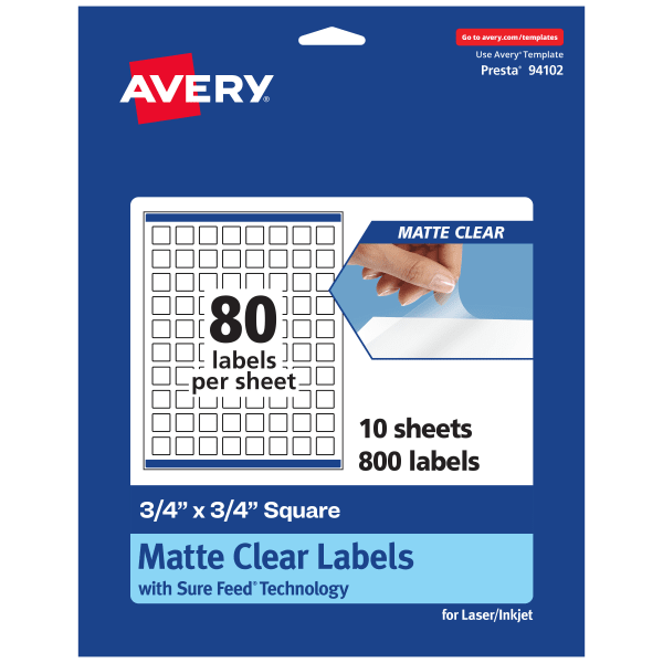 Avery Permanent Labels With Sure Feed, 94102-CMF10, Square, 3/4in x 3/4in, Matte Clear, Pack Of 800