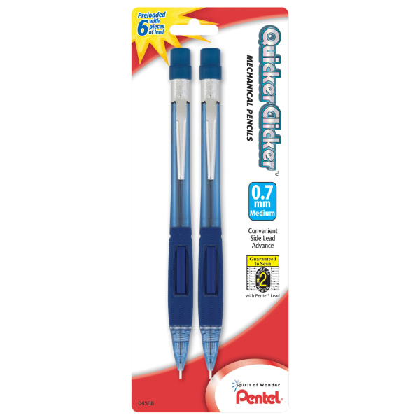 Pentel Quicker Clicker Mechanical Pencil, 0.7mm, #2 Lead, Transparent Blue Barrel, Pack Of 2