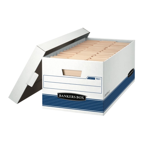 Bankers Box Stor/File Medium-Duty Storage Boxes With Locking Lift-Off Lids And Built-In Handles, Letter Size, 24in x 12in x 10in, 60% Recycled, White/Blue, Case Of 12