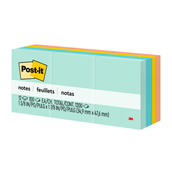 Post-it Notes, 12 Pads, 1 3/8 in x 1 7/8 in, Clean Removal, School Supplies and Office Products, Sticky Notes for Vertical Surfaces, Monitors, Walls and Windows, Beachside Cafe Collection