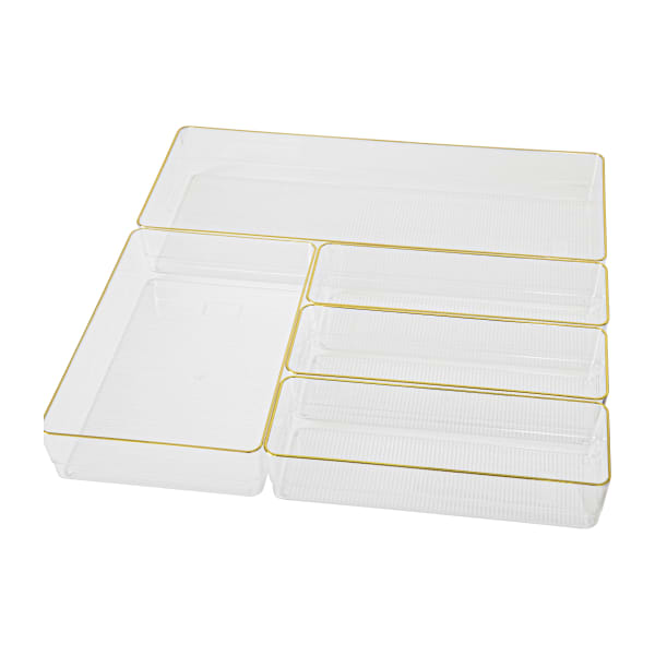 Martha Stewart Kerry Plastic Stackable Office Desk Drawer 5-Piece Organizer Set, Clear/Gold Trim