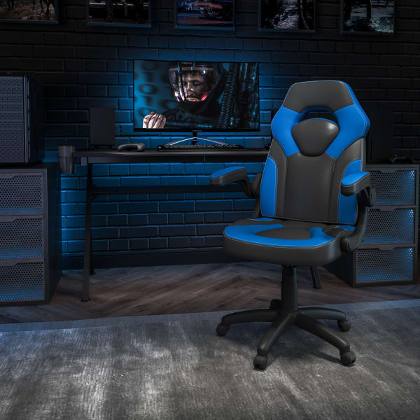 Flash Furniture X10 Ergonomic LeatherSoft Faux Leather High-Back Racing Gaming Chair With Flip-Up Arms, Blue/Black