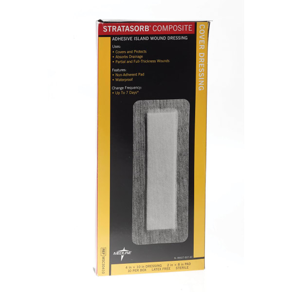 Medline Stratasorb Composite Island Dressings, 4in x 10in, White, Box Of 10