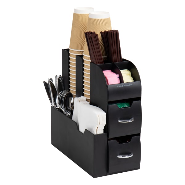 Mind Reader 11-Compartment Coffee Cup and Condiment Organizer with 2 Drawers, 11-3/20inH x 11-1/4inW x 5-7/20inL, Black