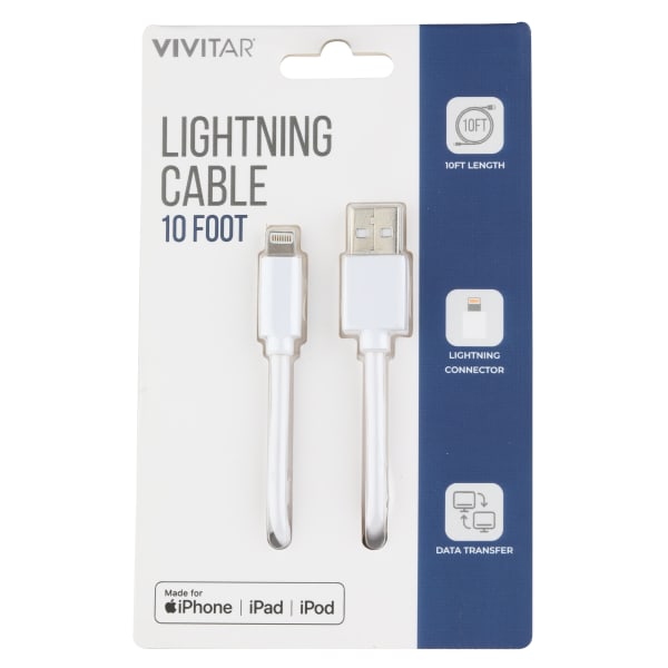 Vivitar Lightning To USB-A Cable, 10ft, White, NIL1010-WHT-STK-24