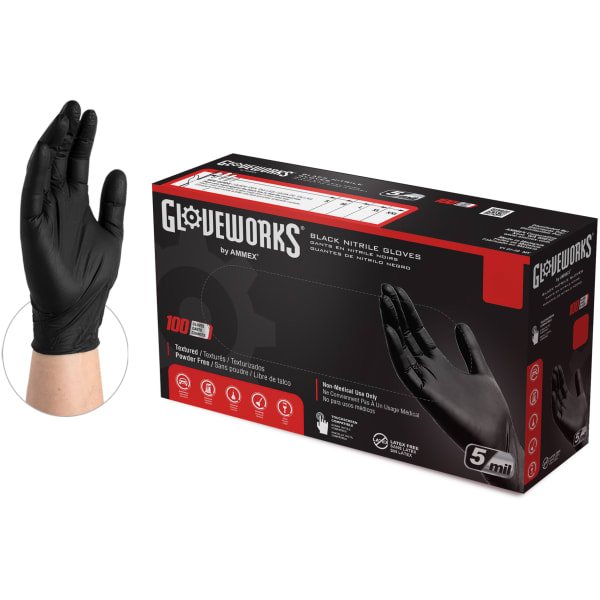 Gloveworks Nitrile Industrial Powder-Free Disposable Gloves, Medium, Black, Box Of 100 Gloves
