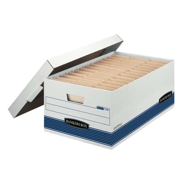Bankers Box Stor/File FastFold Medium-Duty Storage Boxes With Locking Lift-Off Lids And Built-In Handles, Legal Size, 24D x 15in x 10in, 60% Recycled, White/Blue, Case Of 4