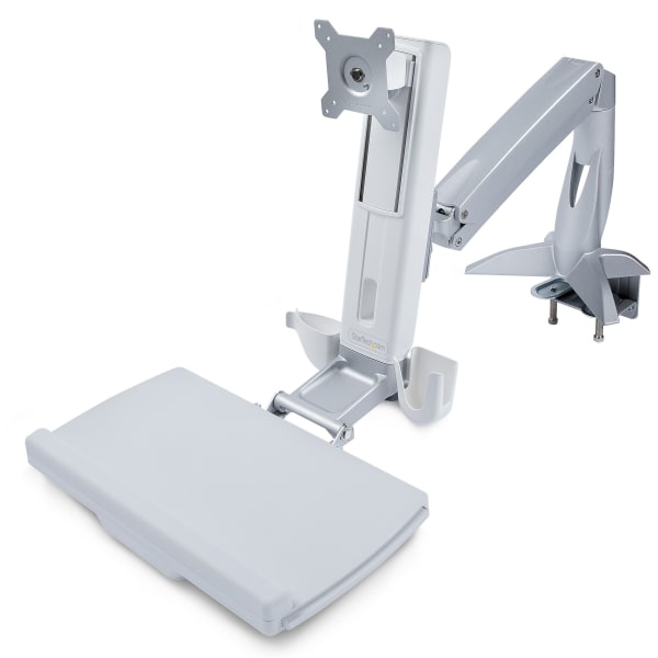 StarTech.com Sit-Stand Monitor Arm, Keyboard Tray, Desk Mount Sit-Stand Workstation up to 27 inch VESA Display, Standing Desk Converter - Desk mount sit-stand monitor arm supports single VESA display up to 27in/17.6lb (or 34in ultrawide)