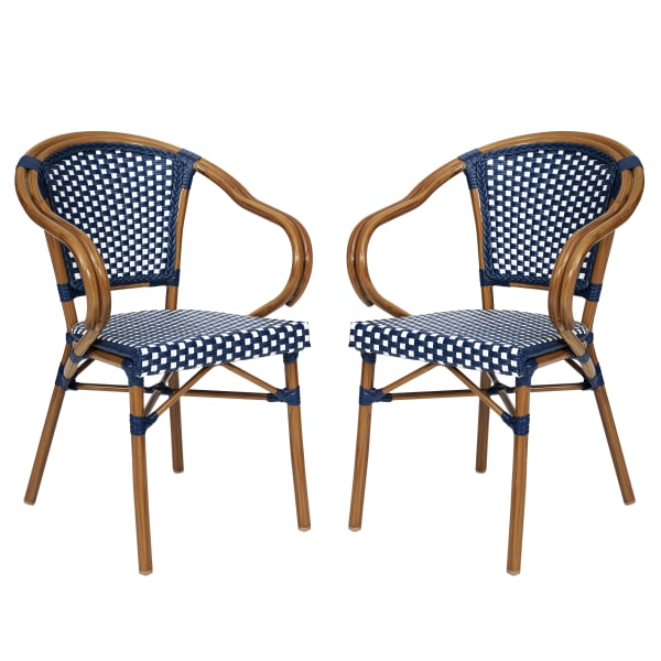 Flash Furniture 2 Pack Bordeaux Indoor/Outdoor Commercial Bistro Stacking Chair with Arms, PE Rattan and Bamboo Print Aluminum Frame, Navy & White/Natural Frame
