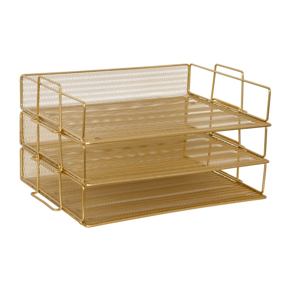 Martha Stewart Ryder 3-Tier Stackable Steel Mesh Desk Letter Tray Organizer, 7-3/4inH x 14-1/2inW x 10-1/2inD, Gold
