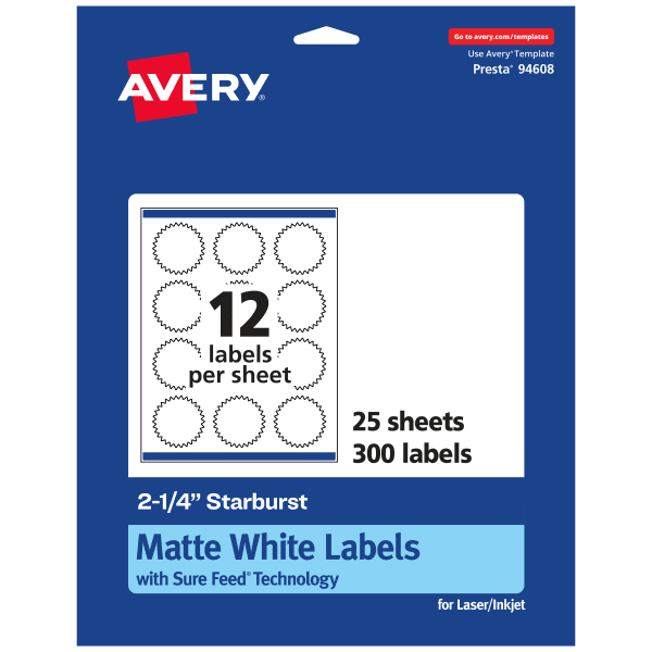 Avery Permanent Labels With Sure Feed, 94608-WMP25, Starburst, 2-1/4in, White, Pack Of 300
