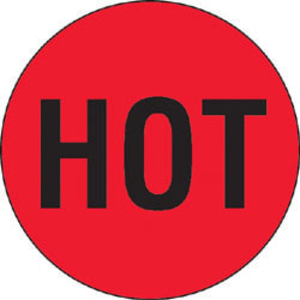 Tape Logic Preprinted Shipping Labels, DL1730, "Hot", 2in Circle, Red/Black, Roll Of 500