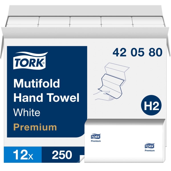 TORK Premium Multifold Hand Towel - 1 Ply - Multifold - 9in x 9.50in - White - Paper - Absorbent, Quick Drying - For Hand, Washroom - 250 / Sleeve