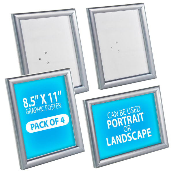 Azar Displays Plastic Counter Snap Vertical/Horizontal Frames, 11inH x 8-1/2inW x 1/4inD, Silver, Pack Of 4 Frames