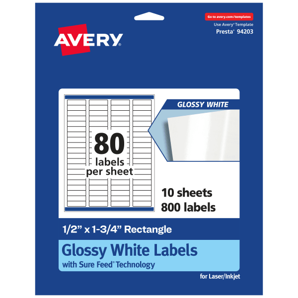 Avery Glossy Permanent Labels With Sure Feed, 94203-WGP10, Rectangle, 1/2in x 1-3/4in, White, Pack Of 800