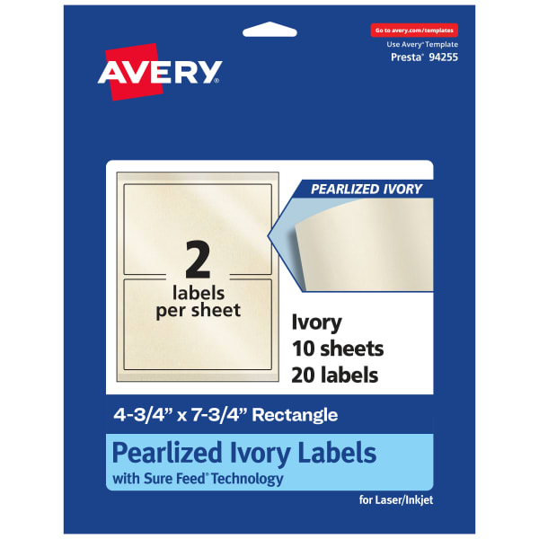 Avery Pearlized Permanent Labels With Sure Feed, 94255-PIP10, Rectangle, 4-3/4in x 7-3/4in, Ivory, Pack Of 20 Labels