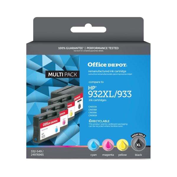 Office Depot Remanufactured Black; Cyan; Magenta; Yellow High-Yield Ink Cartridge Replacement For HP 932XL, 933, Pack Of 4