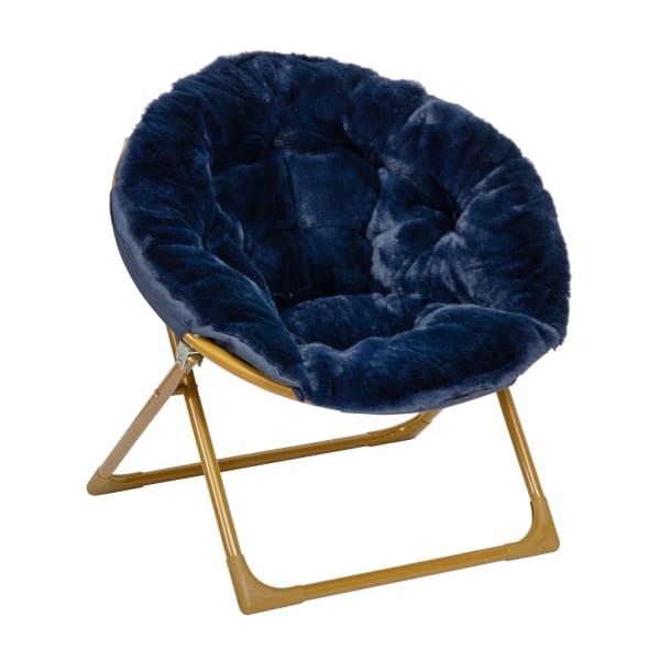 Flash Furniture Gwen  23in Kids Cozy Mini Folding Saucer Chair, Faux Fur Moon Chair for Toddlers and Bedroom, Navy Faux Fur/Soft Gold Frame