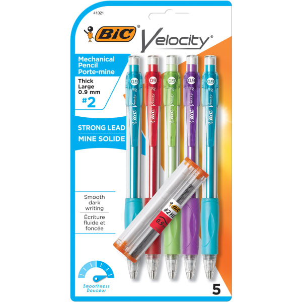 BIC Velocity Mechanical Pencils, 0.9mm, Assorted Barrel Colors, Pack Of 5