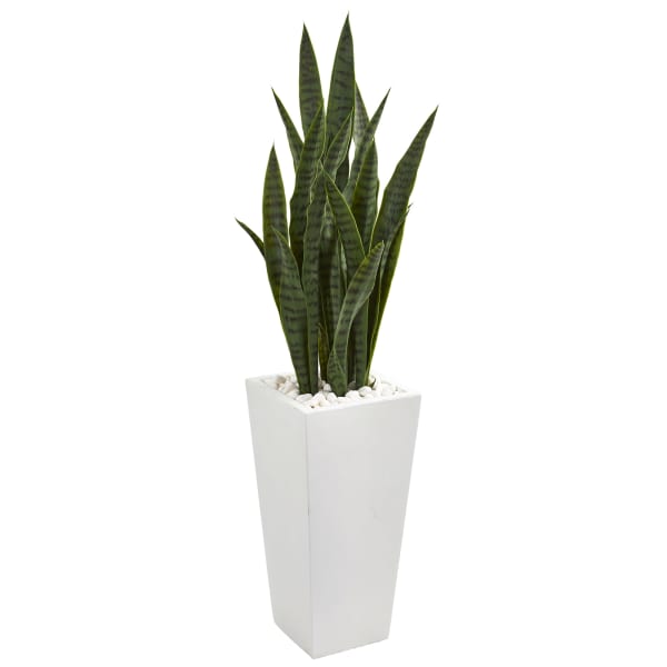Nearly Natural Sansevieria 48inH Artificial Plant With Tower Planter, 48inH x 10inW x 10inD, Green/White