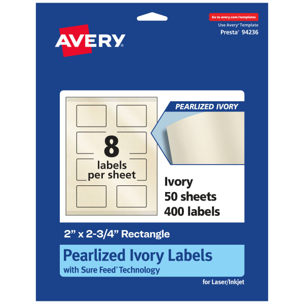 Avery Pearlized Permanent Labels With Sure Feed, 94236-PIP50, Rectangle, 2in x 2-3/4in, Ivory, Pack Of 400 Labels