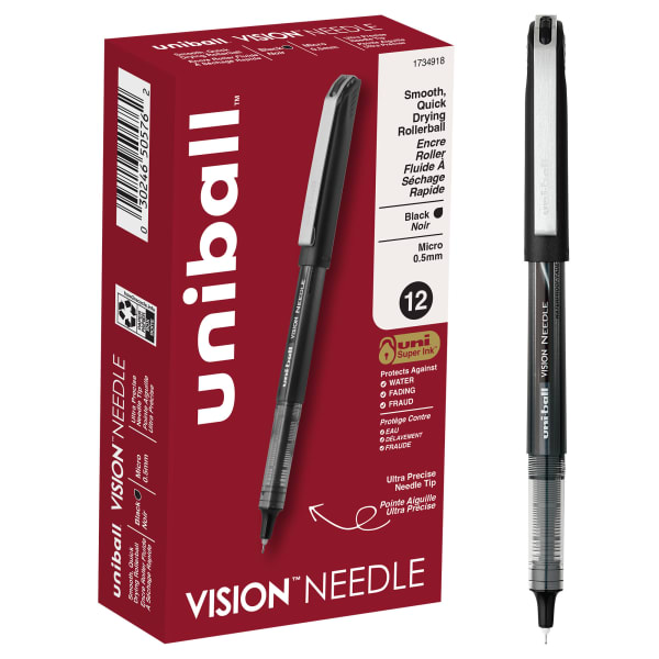 uni-ball Vision Needle Liquid Ink Rollerball Pens, Micro Point, 0.5 mm, Black Barrel, Black Ink, Pack Of 12