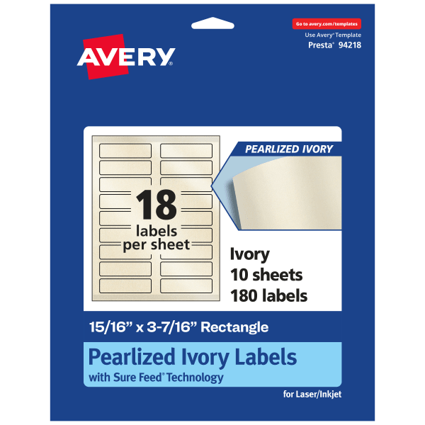 Avery Pearlized Permanent Labels With Sure Feed, 94218-PIP10, Rectangle, 15/16in x 3-7/16in, Ivory, Pack Of 180 Labels