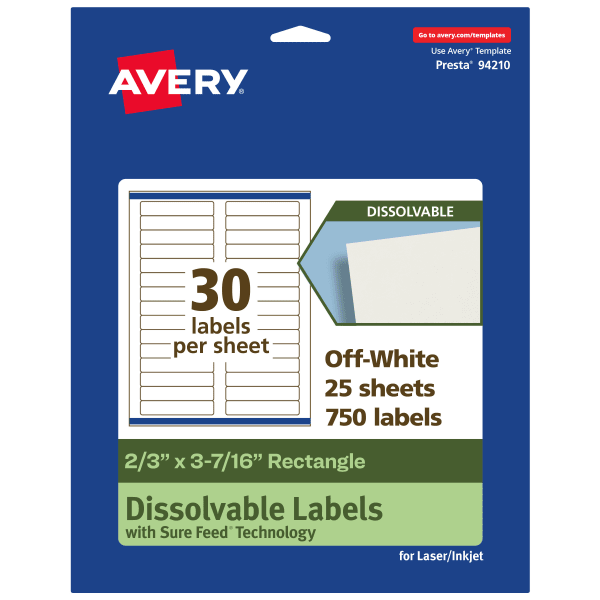 Avery Dissolvable Labels With Sure Feed Technology, 94210-DWMP25, Rectangle, 2/3inx3-7/16in, Matte Off-White, Pack Of 750
