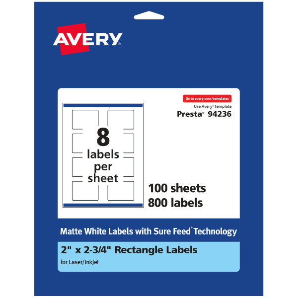 Avery Permanent Labels With Sure Feed, 94236-WMP100, Rectangle, 2in x 2-3/4in, White, Pack Of 800
