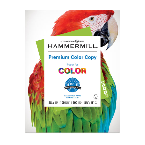 Hammermill Color Multi-Use Printer & Copy Paper, 1 Ream, White, Letter (8.5in x 11in), 500 Sheets Per Ream, 28 Lb, 100 Brightness