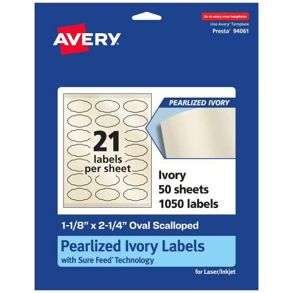 Avery Pearlized Permanent Labels With Sure Feed, 94061-PIP50, Oval Scalloped, 1-1/8in x 2-1/4in, Ivory, Pack Of 1,050 Labels