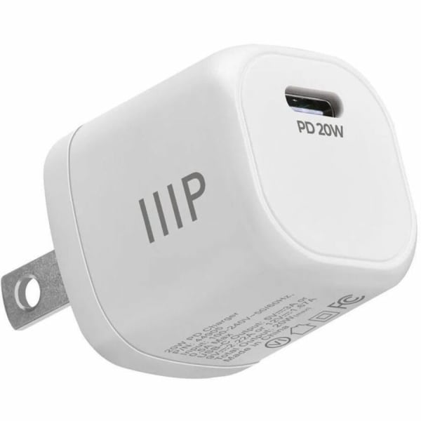 Monoprice 20W USB-C Mini Cubic Wall Charger White - 20 W - 120 V AC, 230 V AC Input - 5 V DC, 9 V DC, 12 V DC Output - 3 A - White - 1
