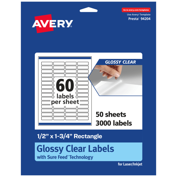 Avery Glossy Permanent Labels With Sure Feed, 94204-CGF50, Rectangle, 1/2in x 1-3/4in, Clear, Pack Of 3,000