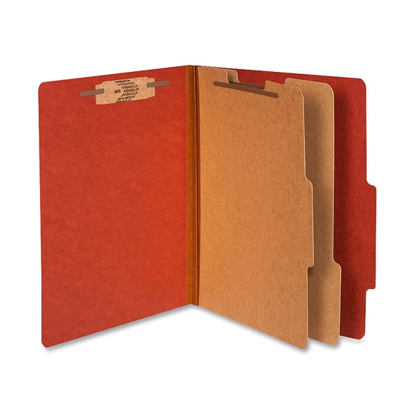 ACCO Durable Pressboard Classification Folders, Letter Size, 3in Expansion, 2 Partitions, 60% Recycled, Earth Red, Box Of 10