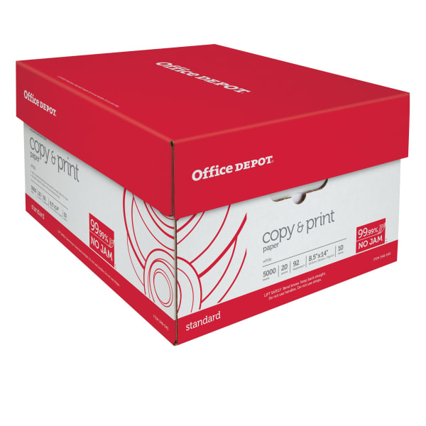 Office Depot Multi-Use Printer & Copy Paper, 10 Reams, White, Legal (8.5in x 14in), 5000 Sheets Per Case, 20 Lb, 92 Brightness