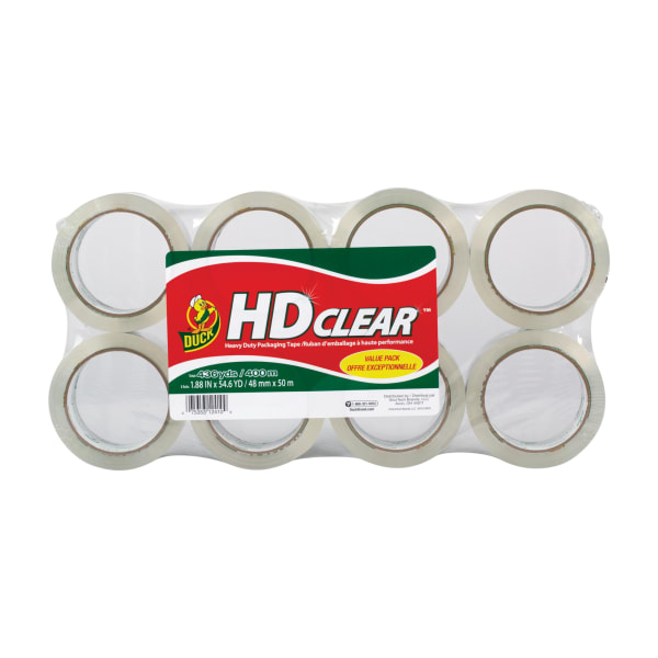 Duck HD Clear Heavy-Duty Packaging Tape, 1-7/8in, Crystal Clear, Pack Of 8 Rolls