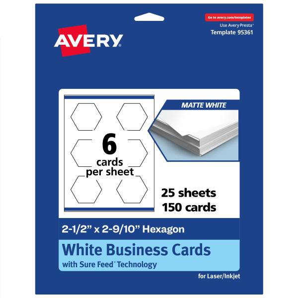 Avery Print-To-The-Edge Business Cards With Sure Feed Technology, 2-1/2inx2-9/10in Hexagon, Matte White, Pack Of 150