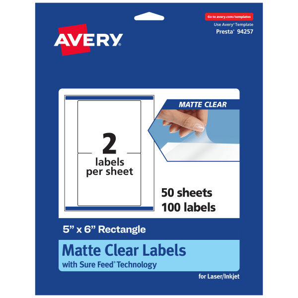Avery Permanent Labels With Sure Feed, 94257-CMF50, Rectangle, 5in x 6in, Matte Clear, Pack Of 100