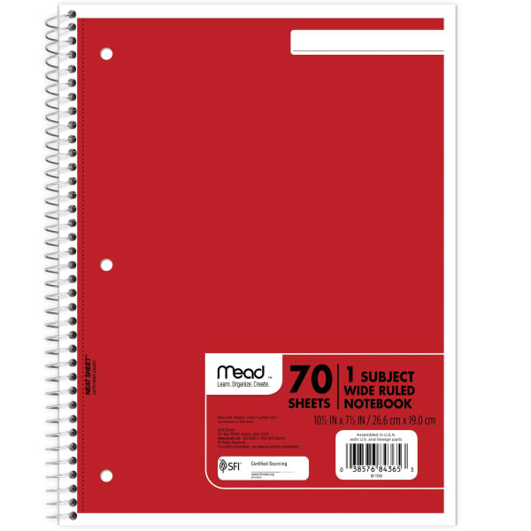 Mead Spiral Notebooks, 7-1/2in x 10-1/2in, 1 Subject, Wide Ruled, 70 Sheets, Assorted Colors, Pack Of 6 Notebooks