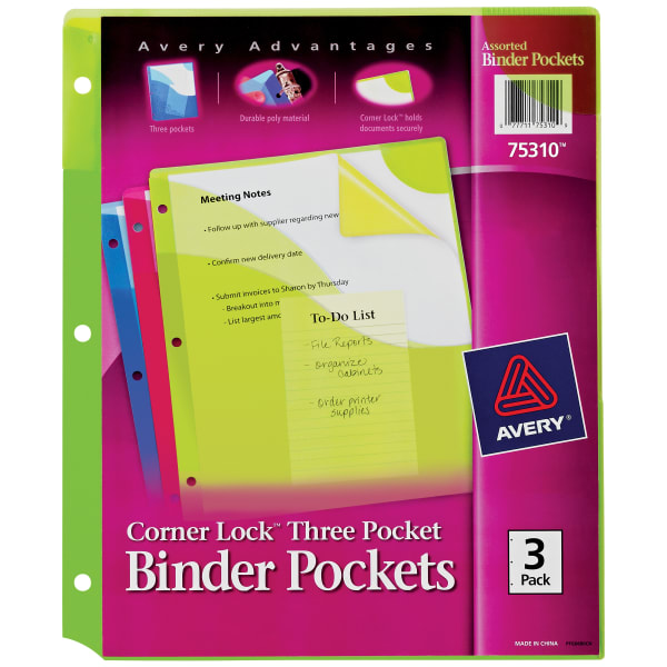Avery Corner Lock 3-Pocket Binder Pockets, 20 Sheet Capacity, Assorted Colors, Pack Of 3