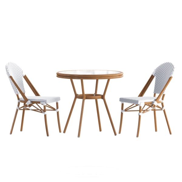 Flash Furniture Lourdes Indoor/Outdoor Commercial Bistro 31.5in Table, PE Rattan, Glass Top with 2 Stack Chairs, White & Gray Rattan/Natural Frame
