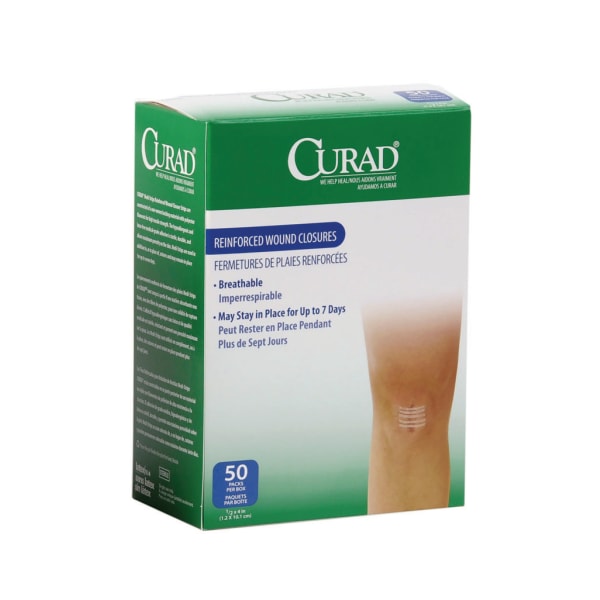 CURAD Sterile Medi-Strips Reinforced Wound Closures, 1/2in x 4in, White, 6 Per Pack, Box Of 50 Packs