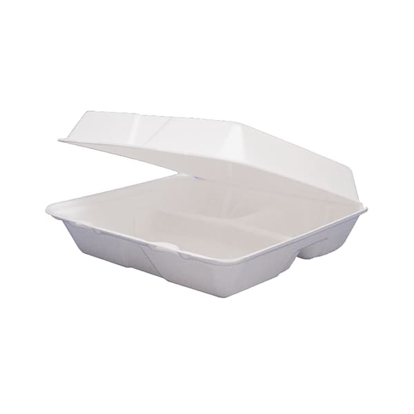 Dart Carryout Food Containers, 3 Compartments, 8 1/2in x 8in x 3 3/8in, White, Pack Of 50