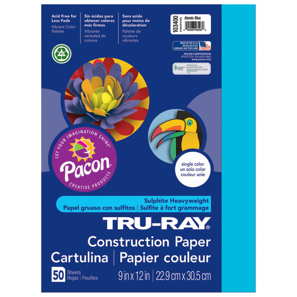 Tru-Ray Construction Paper, 9in x 12in, 50% Recycled, Atomic Blue, Pack Of 50