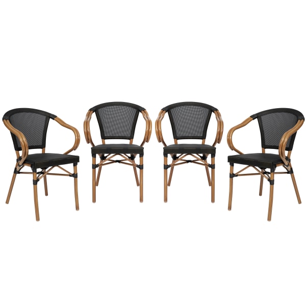 Flash Furniture 4 Pack Marseille Indoor/Outdoor Commercial Bistro Stacking Chair with Arms, Textilene and Bamboo Print Aluminum Frame, Black/Natural Frame