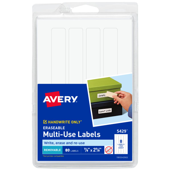Avery Removable Erasable Multipurpose Labels, 5429, 7/8in x 2 7/8in, White, Pack Of 80